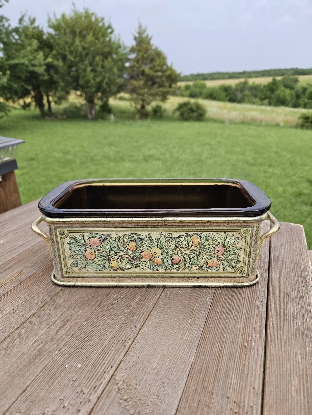 Pyrex Brown Glazed Loaf Pan with Fruit Motif